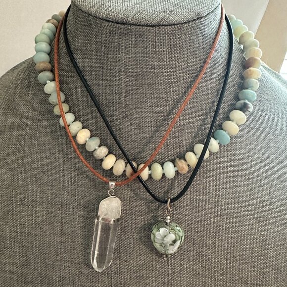 BUNDLE (3) Clear Quartz, Knotted Amazonite, Hand Blown Heart Pendant Necklaces - Picture 1 of 11